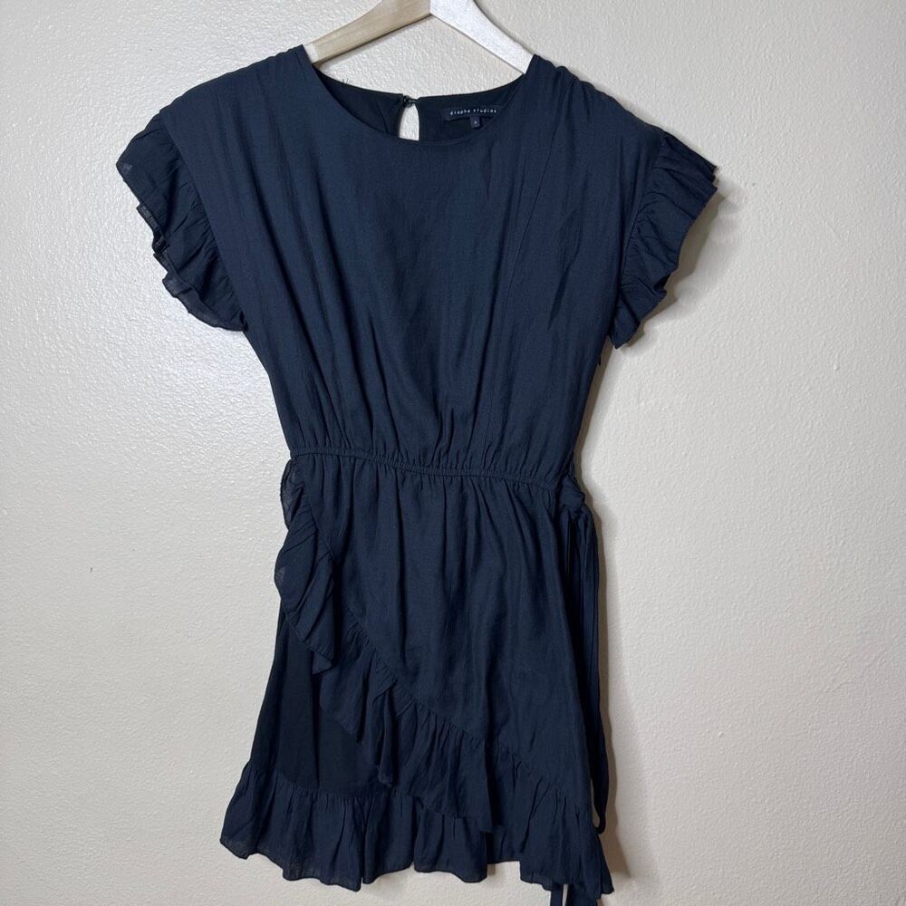 Etophe Studios Dress Women's Medium Black Wrap Ruffle Waist Tie Lined Keyhole